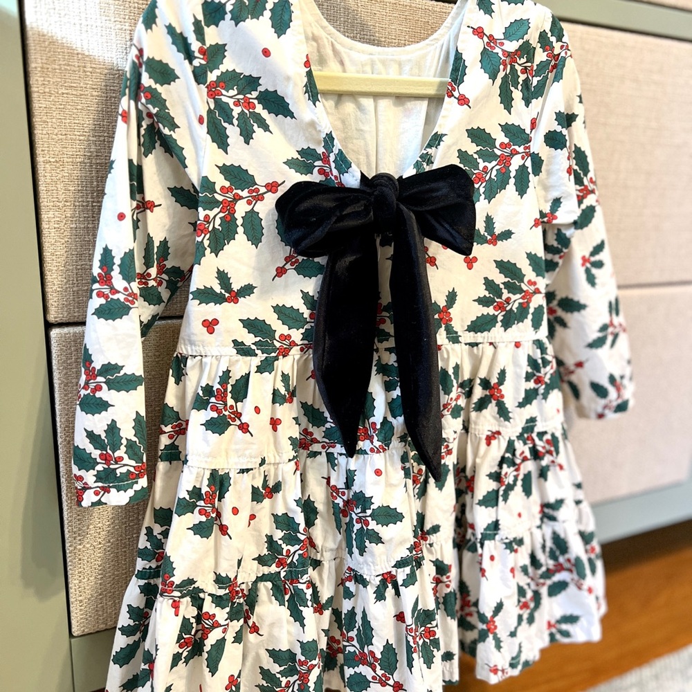 Pink Chicken Festive Holly Print Dress with Black Velvet Bow